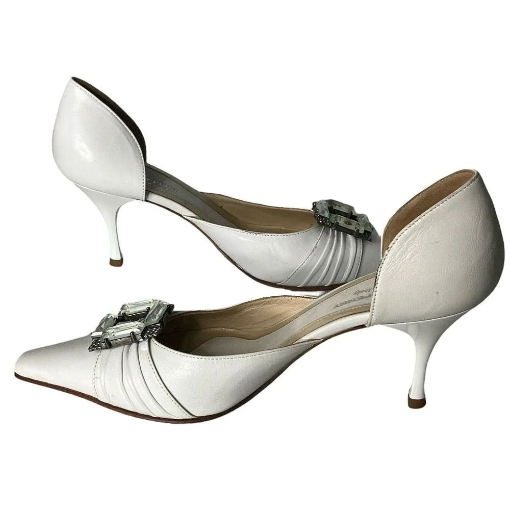 Lindsay‎ Perry Made in Italy White Leather Pointed Toe Heels Rhinestone 6 /36.5